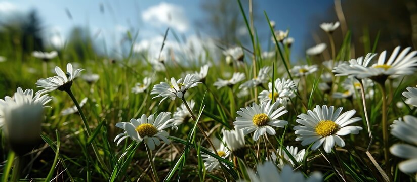 Daisies growing in grass viewed from below in Scotland, Europe.