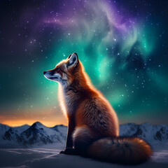 Fox with the Northern Lights aurora borealis in the sky 