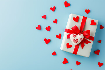 Fototapeta na wymiar Love in a Box: Red Hearts Adorn a Gift for Valentine's or Mother's Day. A Homemade Token of Affection on a Pastel Blue Canvas.