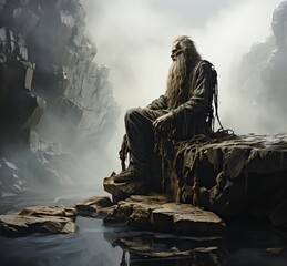 An old man sits on a rock in a misty canyon