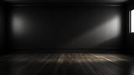 Empty room with black wall, wooden floor and sunlight from the window. - obrazy, fototapety, plakaty