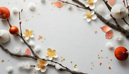 New Year's image background. New Year. Red plum. Japanese style background.