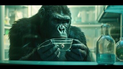 Research on genetics and animal behavior, gorilla in a bright laboratory holds a Petri dish in its hands, observing an embryo within