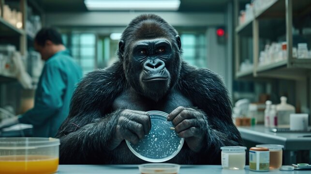 gorilla holds a Petri dish in its hands and sits in front of a table in a biological laboratory 