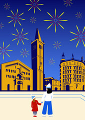 Fireworks in the historic center of Parma Italy. Italy, Parma skyline, city Parma, Regio Emilia. Parma cityscape with famous landmarks, city sights, landscape.