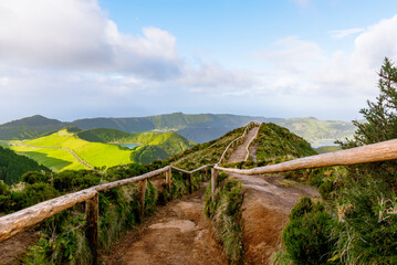 Scenic view from Miradouro da Boca do Inferno to crater lakes of Sete Cidades, Azores, Sao Miguel...