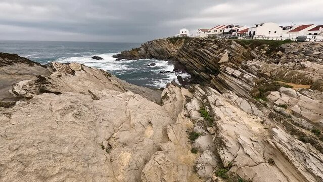 rocky coast of the Atlantic ocean at Baleal peninsula, Ferrel, municipality of Peniche, district of Leiria, Portugal