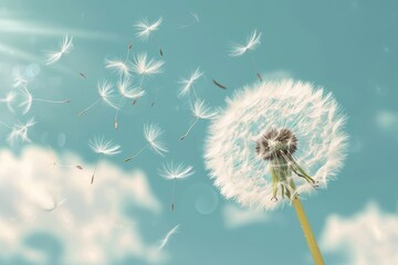A dandelion with fluttering seeds in a windy sky.
