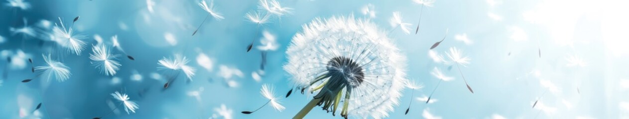 A dandelion with fluttering seeds in a windy sky. - obrazy, fototapety, plakaty