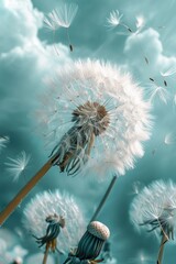 A windy sky dandelion with flying seeds