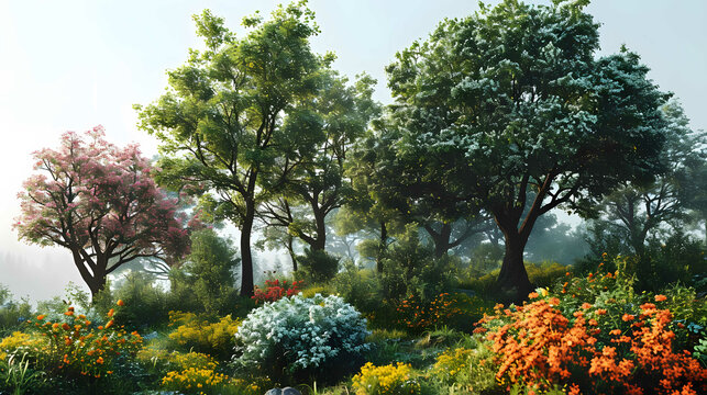 Isolated jungle trees lined and shrubs on greenery meadows 3d rendering png