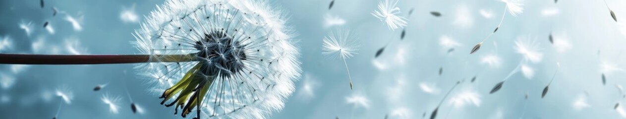A windy sky dandelion with flying seeds