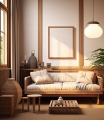 A wooden living room with a sofa, coffee table, and plants