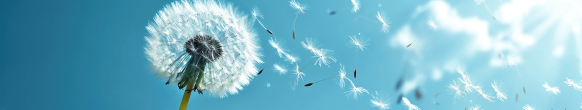 A windy sky dandelion with flying seeds
