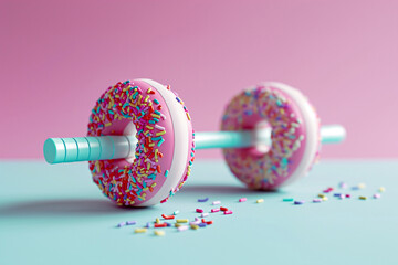 Donut dumbbell, bad fitness nutrition. Creative concept for a healthy lifestyle, sport and...