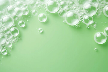 Soap foam, green water surface eco texture with bubbles and splashes. Clear water abstract nature background, copy space for text