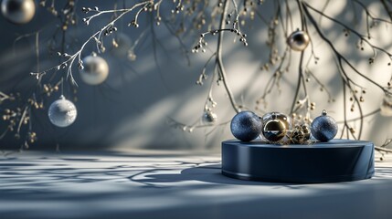 A refined and sophisticated indigo podium, accented by intricate shadows cast by tree branches adorned  - obrazy, fototapety, plakaty