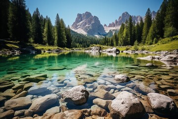 Stunning mountain lake with crystal clear water and green forest