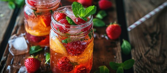 Chilled homemade drink in a jar with fruity and minty flavors - Powered by Adobe