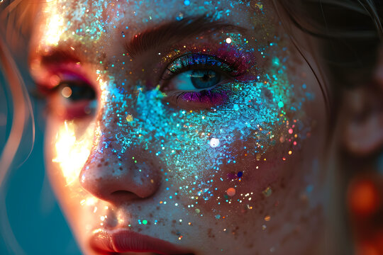 Red-haired girl, featuring freckles, a makeup application that includes a subtle touch of glitter. Generative AI