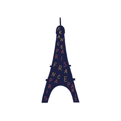 Silhouette of the Eiffel Tower filled with phrases France Paris. Travel tourism Enroute France. Hand Drawn vector illustration