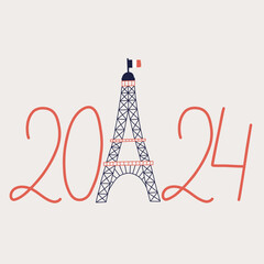 Eiffel Tower landmark in France Paris with the numbers of the year 2024. Travel tourism Enroute France. Hand Drawn vector illustration