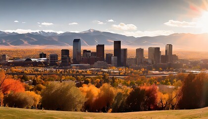 panoramic view of downtown denver colorado from city park in fall with the rocky mountains in the...