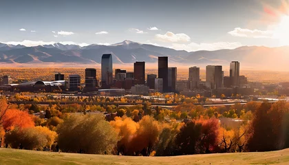 Fototapeten panoramic view of downtown denver colorado from city park in fall with the rocky mountains in the background © Richard