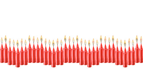 Watercolor horizontal seamless border with red candles with flame as a teemplate for illustrations for Christmas, Candlemas, wedding, birthday, Easter, magic, memorial day, spa, relaxation, memorial