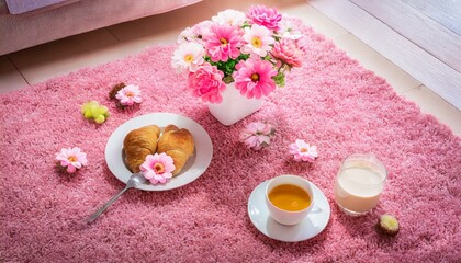 Obraz na płótnie Canvas pink flower with breakfast on pink carpet interior decoration concept cozy interior