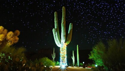 colorful christmas lights illuminating saguaro cactus at night in arizona