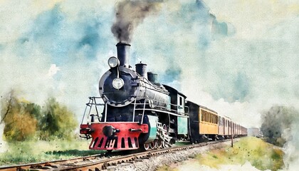 Fototapeta na wymiar old steam locomotives of the 20th century watercolor background