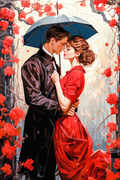 couple under umbrella oil painting illustration for Valentines Day wallpaper