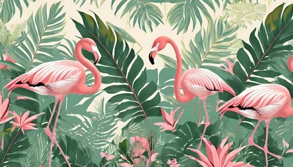 Gardinen tropical leaf mural photo wallpaper wall art decor for bedroom murals wall paper drawing with tropical leaves and pink flamingos © Richard