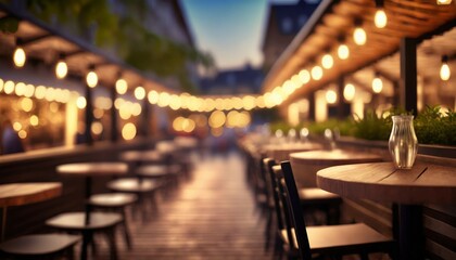 street bar or outdoor restaurant cafe terrace evening bokeh background generative ai - obrazy, fototapety, plakaty