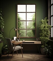 Modern home office with large window and plants
