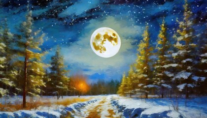 winter landscape with full moon in the night forest digital oil painting impasto printable square...