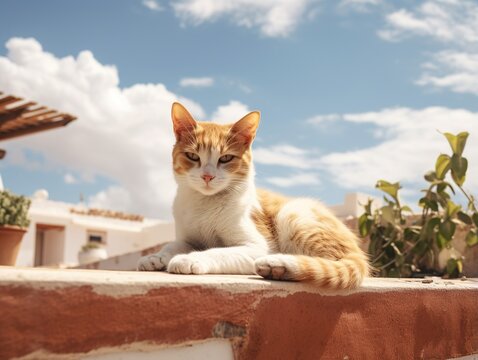 Ginger and white cat relaxing on a ledge in the sun