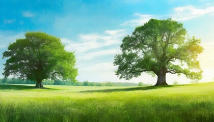 Fototapeta na wymiar beautiful summer landscape with green meadow and old oak trees square printable illustration
