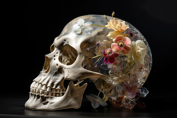 States of mind, religion and nature concept. Abstract composition of human crystal skull with various colorful flowers on head. Surreal and minimalist composition