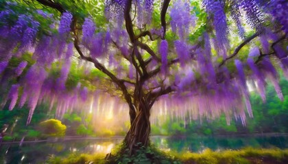 wisteria tree in the evening mystical enchanted forest digital oil painting printable square wall...