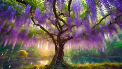 Fototapeten wisteria tree in the evening mystical enchanted forest digital oil painting printable square wall art © Richard