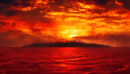 the surface and the island of red water scenery sky with clouds bloody sunset background with copy space for design war apocalypse armageddon nightmare halloween evil horror concept