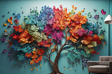 Vibrant hanging branch illustration. 3D abstract floral tree with multicolor leaves. Perfect mural wall art for interior decor.
