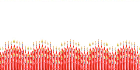 Watercolor horizontal seamless border with red candles with flame as a teemplate for illustrations for Christmas, Candlemas, wedding, birthday, Easter, magic, memorial day, spa, relaxation, memorial