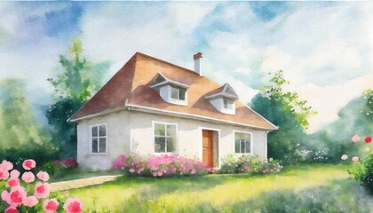 cute house watercolor illustration material background painting generative ai