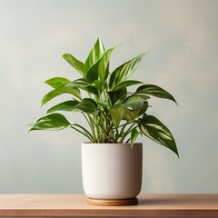 A potted houseplant sits on a wooden table against a pale green background.
