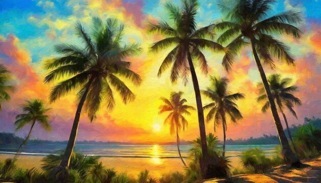tropical landscape with palm trees at sunset digital oil painting printable square artwork