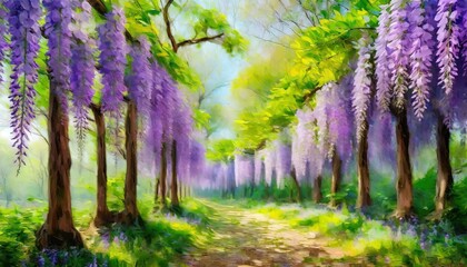 wisteria trees in the spring forest digital oil painting impasto printable square wall art