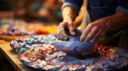 artisan handcrafts a unique ceramic bowl - obrazy, fototapety, plakaty